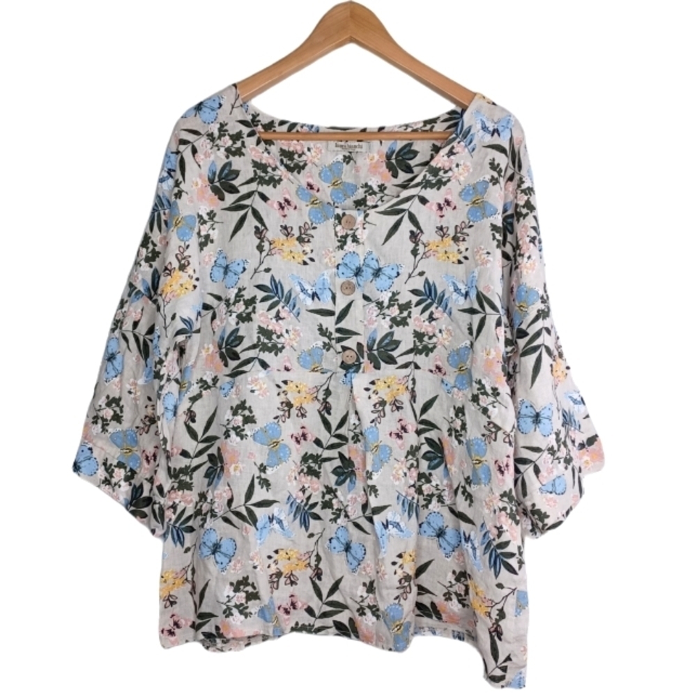 Laura Bianchi 100% Linen Floral Butterfly Coastal Tunic Top